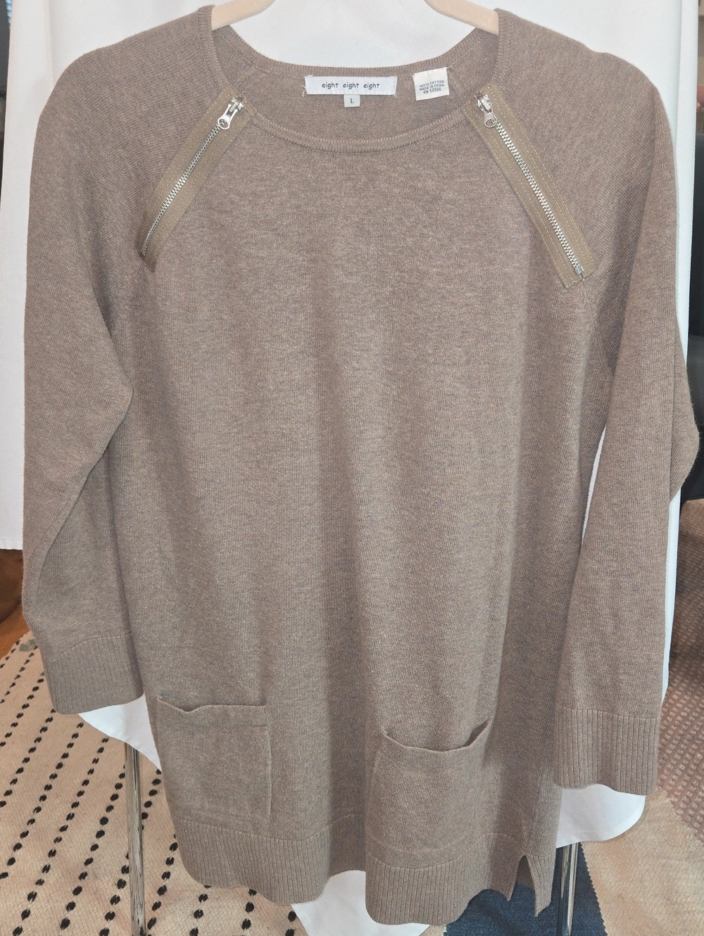 eight eight eight Taupe Crewneck Sweater with Shoulder Zippers
